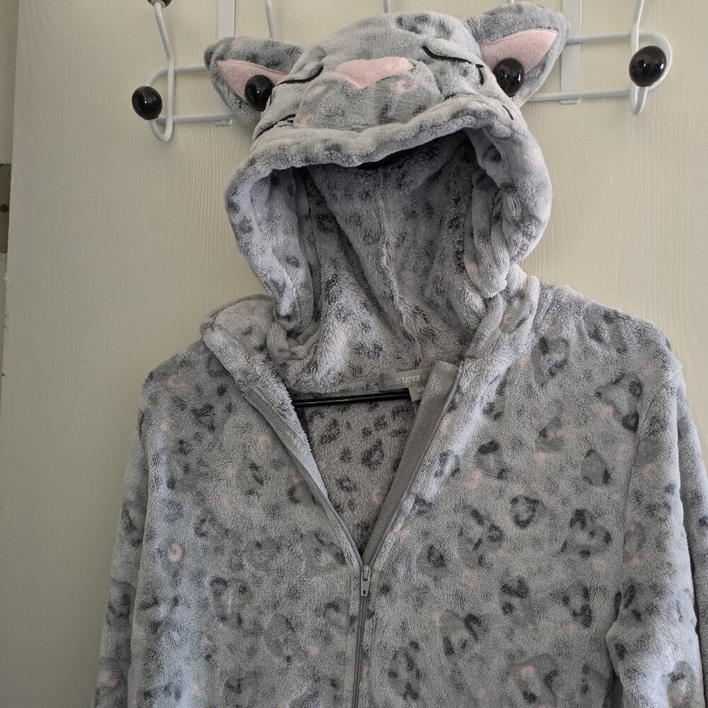 Peace Love & Dream Womens Footless Kitten One Piece with Hood Gray Zip Up